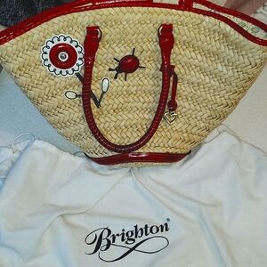 BRIGHTON Ladybug Flower Straw and Red Leather Beach Bag